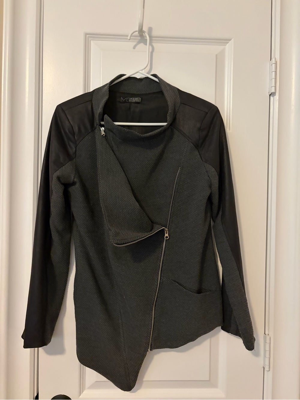 Ladies' Charcoal Asymmetric Utility Jacket with Faux-Leather Sleeves